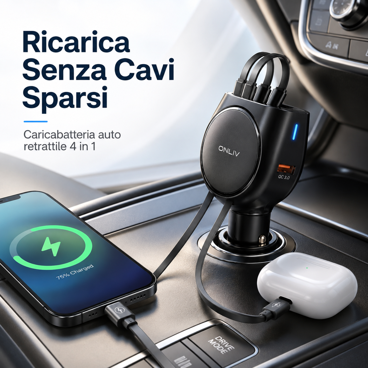 Caricabatteria da Auto Retrattile 4 in 1
