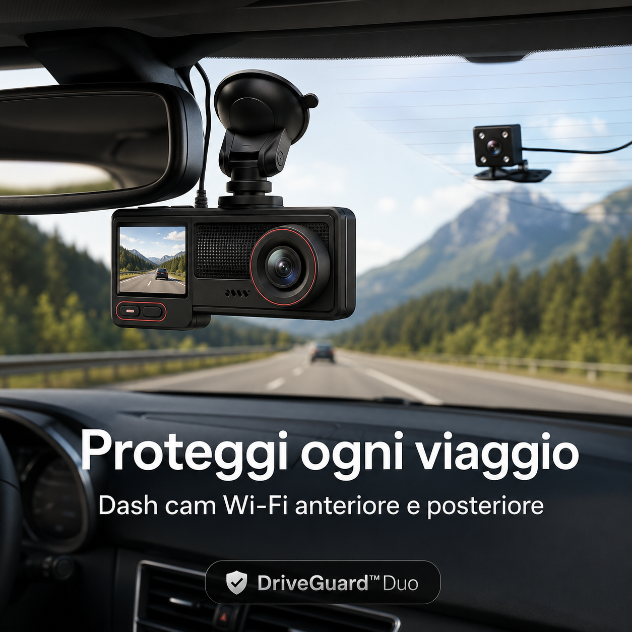 DriveGuard™ Duo – Dash Cam Wi-Fi Anteriore e Posteriore