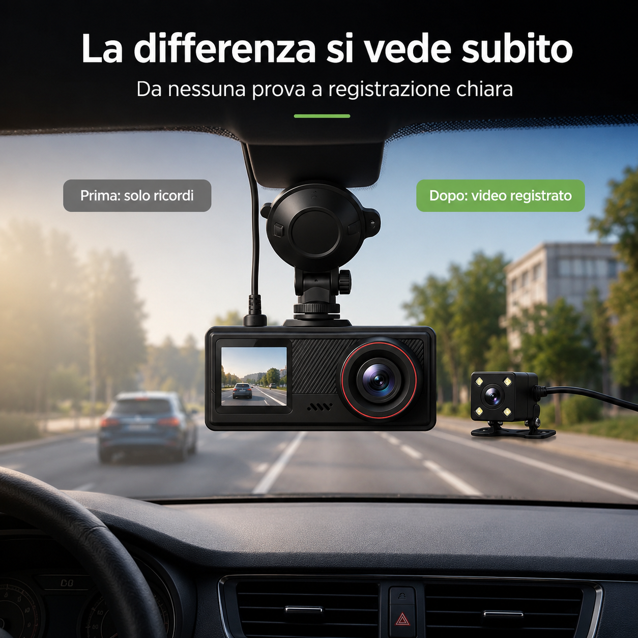 DriveGuard™ Duo – Dash Cam Wi-Fi Anteriore e Posteriore